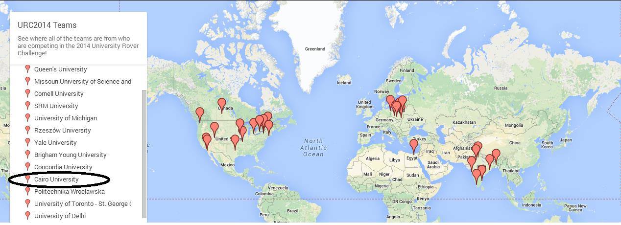 URC 2014 competing teams map, with Cairo University highlighted